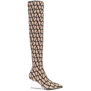 Valentino Garavani Iconographe Stretch Knit Over The Knee Boots Beige Black